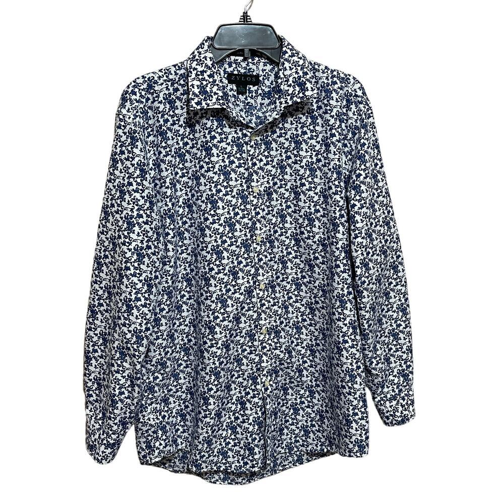 ZYLOS Men's Button Down‎ Shirt Casual Floral Leaf Print Wrinkle Free Disco L